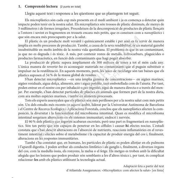 Selectividad Català convocatoria juny 2026