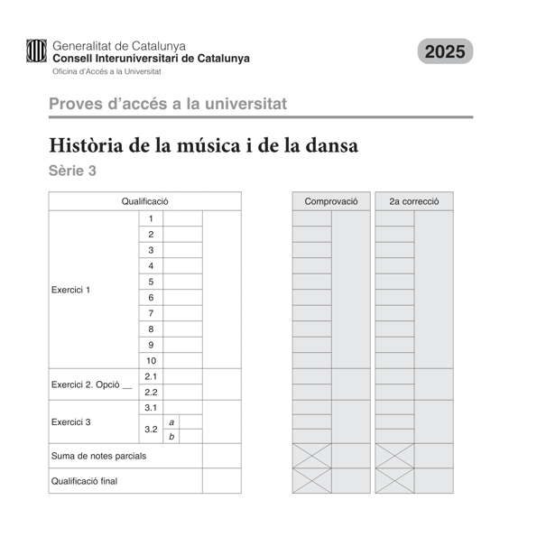 Selectividad Història de la música i de la dansa convocatoria setembre 2025