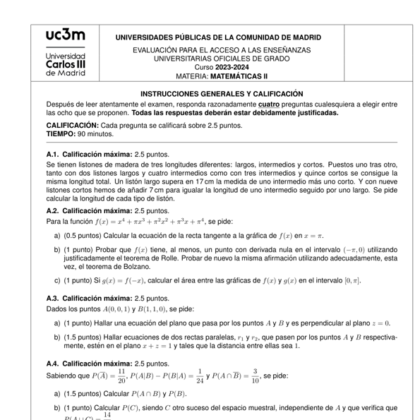 Selectividad Matemáticas convocatoria junio 2024