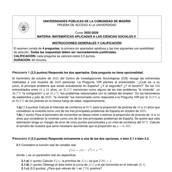 Selectividad MatemáticasCCSS convocatoria juny 2026