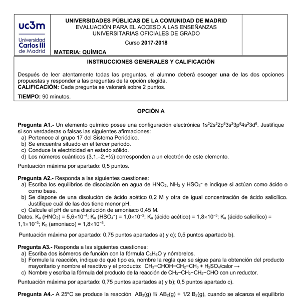Selectividad Química convocatoria junio 2018
